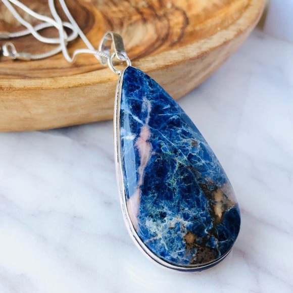 Silver Plated Blue Sodalite Pear Shape Statement Boho Necklace - Picture 2 of 10